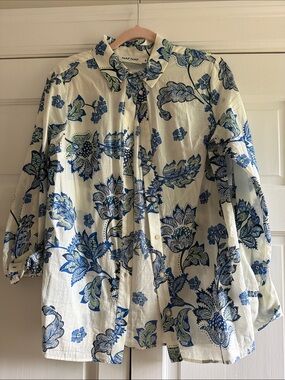 NAF NAF White Button-Down Shirt with Blue & Green Floral Print